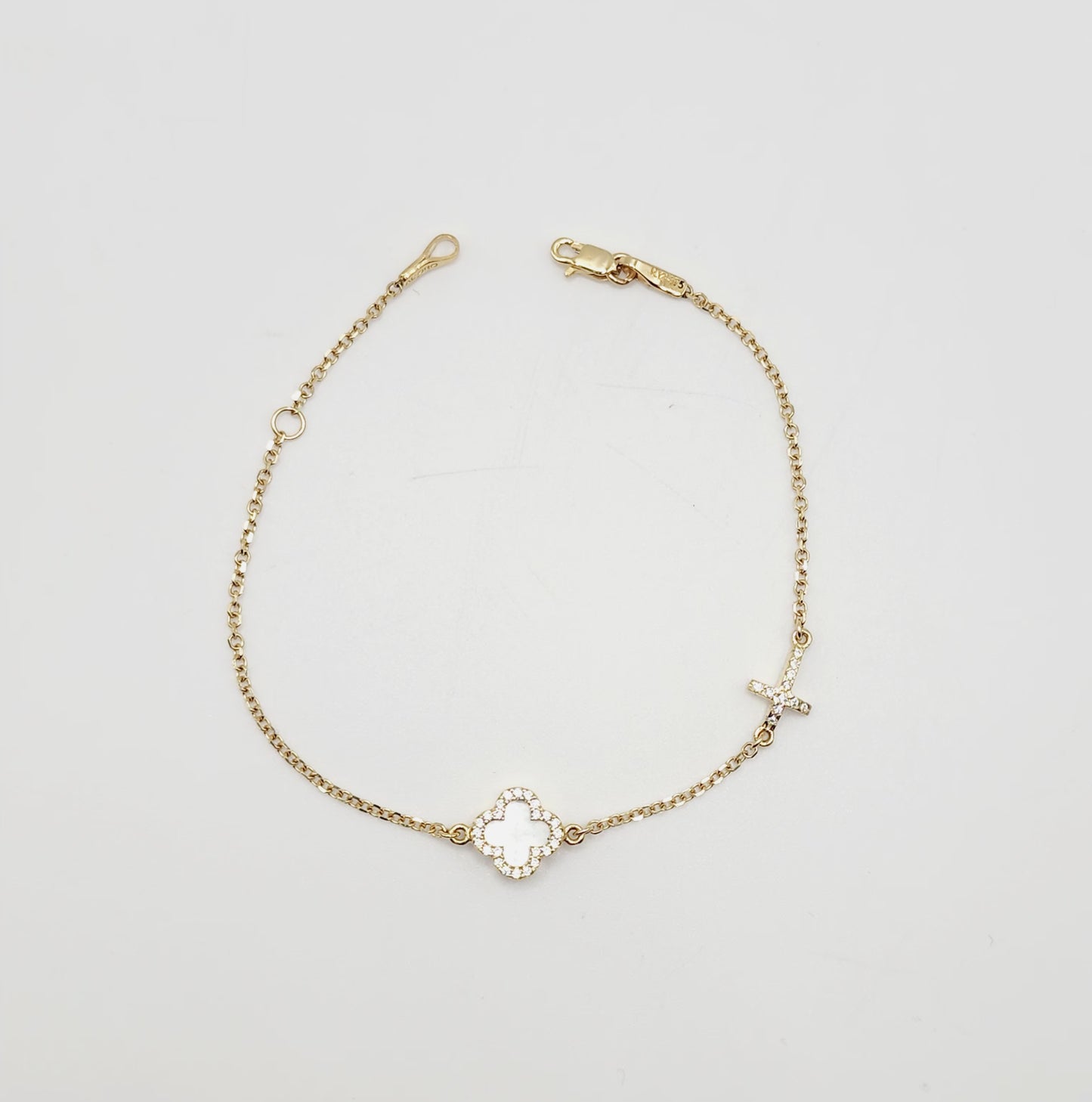 Bracelet - Mother of Pearl Clover & Cubic Zirconia Cross