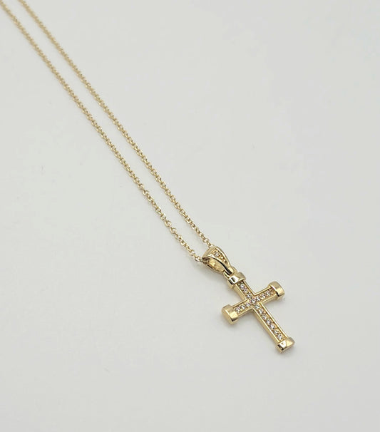 Necklace - Large Cubic Zirconia Detailed Cross Yellow Gold