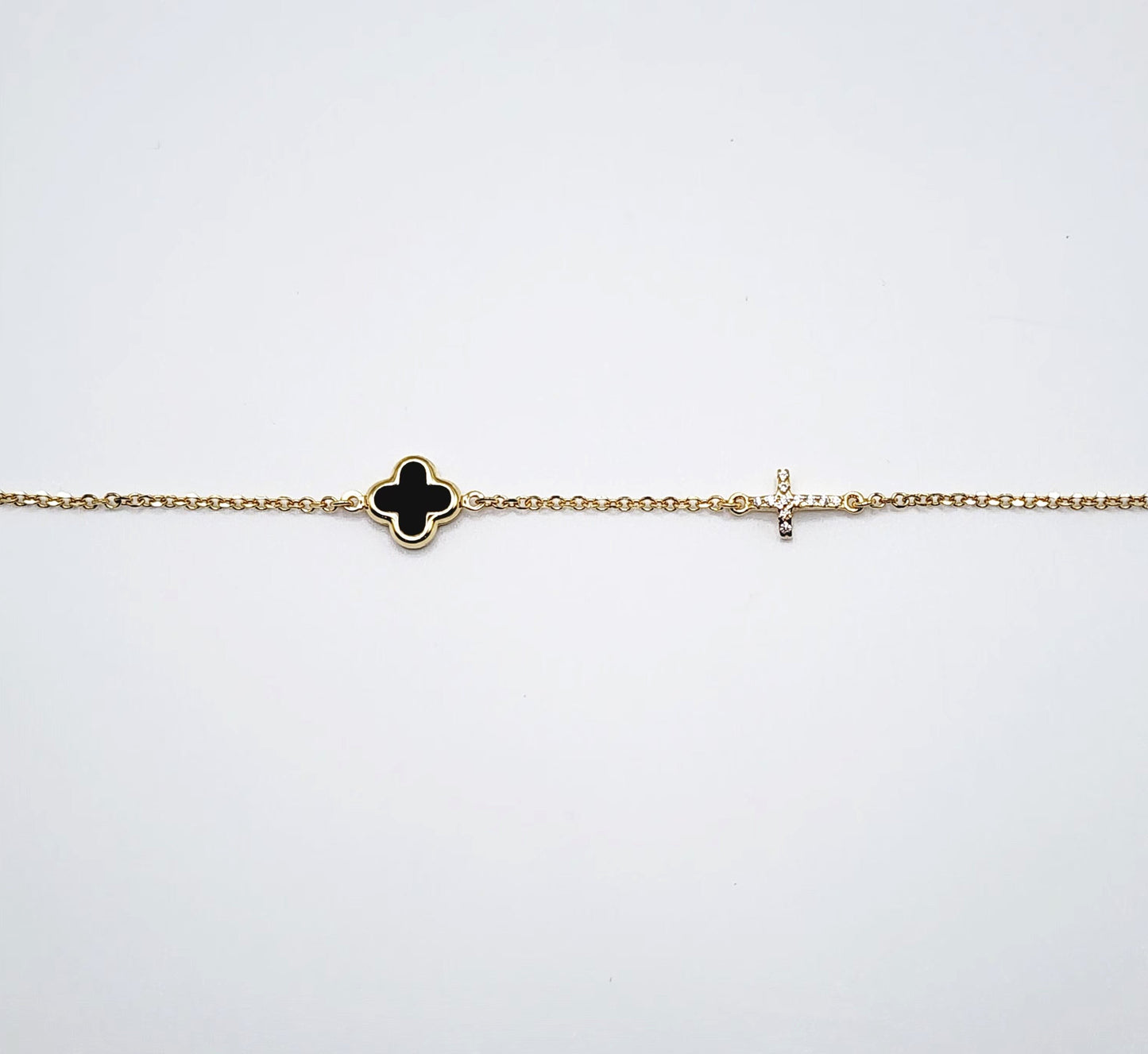 9ct Yellow Gold Bracelet - Black Onyx Cross & Cubic Zirconia Cross Yellow Gold