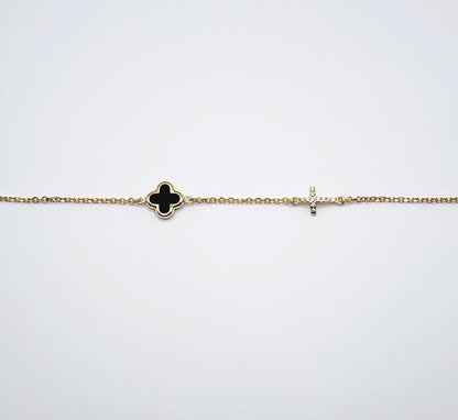 9ct Yellow Gold Bracelet - Black Onyx Cross & Cubic Zirconia Cross Yellow Gold