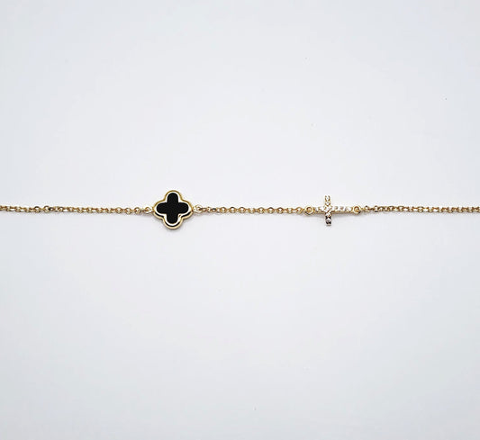Bracelet - Onyx Cross & Cubic Zirconia Cross Yellow Gold