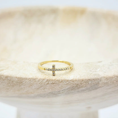 9ct Yellow Gold Ring - Cubic Zirconia Cross