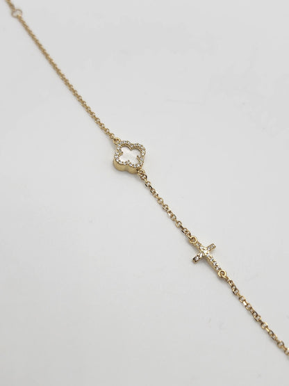 Bracelet - Mother of Pearl Clover & Cubic Zirconia Cross