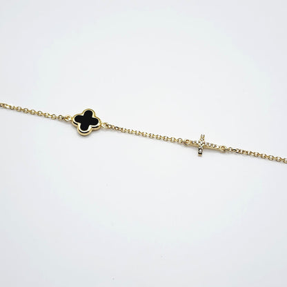 9ct Yellow Gold Bracelet - Black Onyx Cross & Cubic Zirconia Cross Yellow Gold