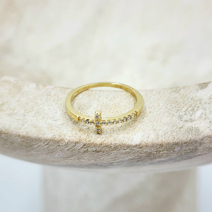 9ct Yellow Gold Ring - Cubic Zirconia Cross