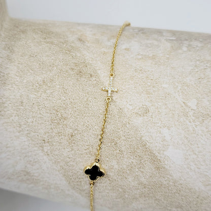 9ct Yellow Gold Bracelet - Black Onyx Cross & Cubic Zirconia Cross Yellow Gold