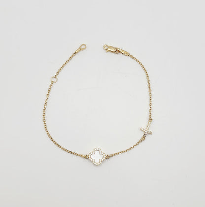 Bracelet - Mother of Pearl Clover & Cubic Zirconia Cross