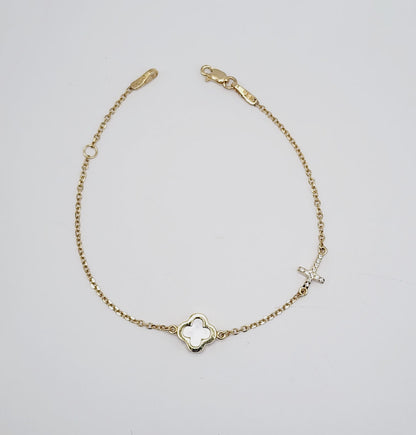 Bracelet - Mother of Pearl Clover & Cubic Zirconia Cross
