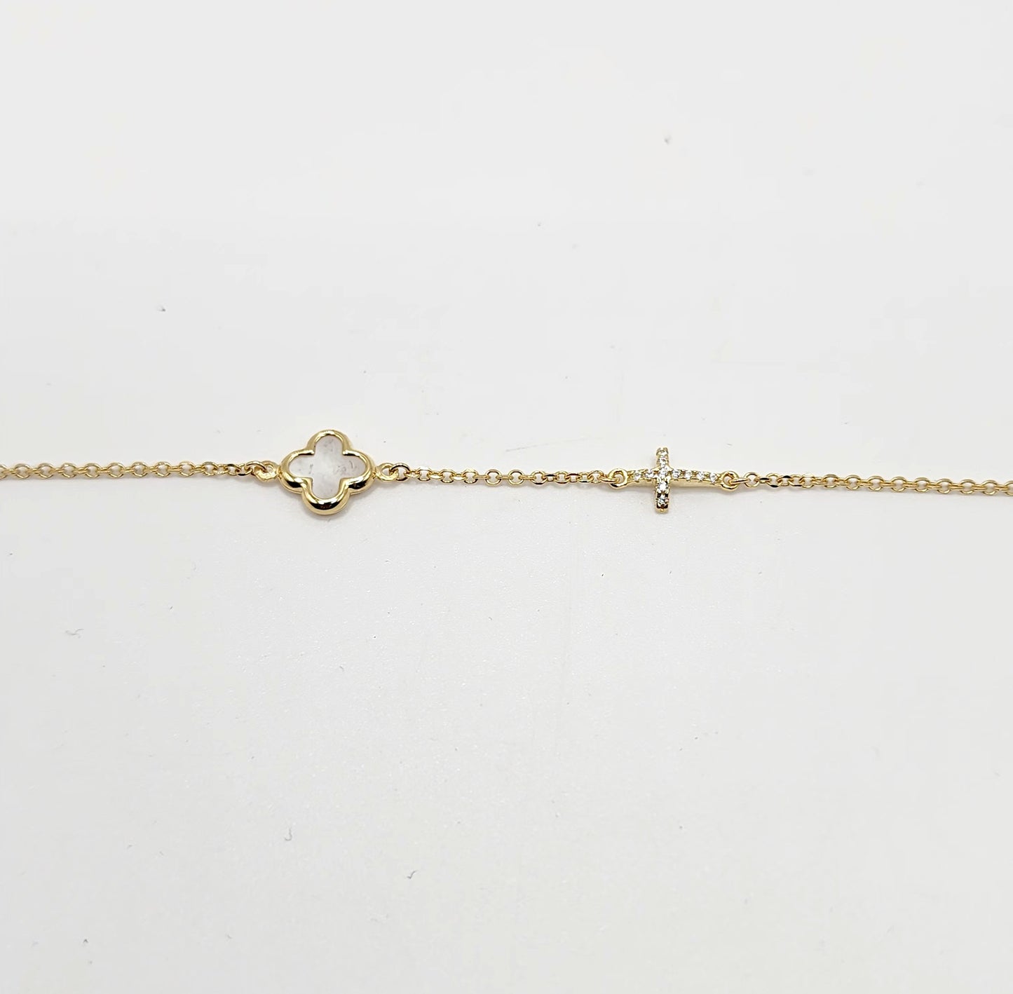 9ct Yellow Gold Bracelet - Mother of Pearl Cross & Cubic Zirconia Cross Yellow Gold