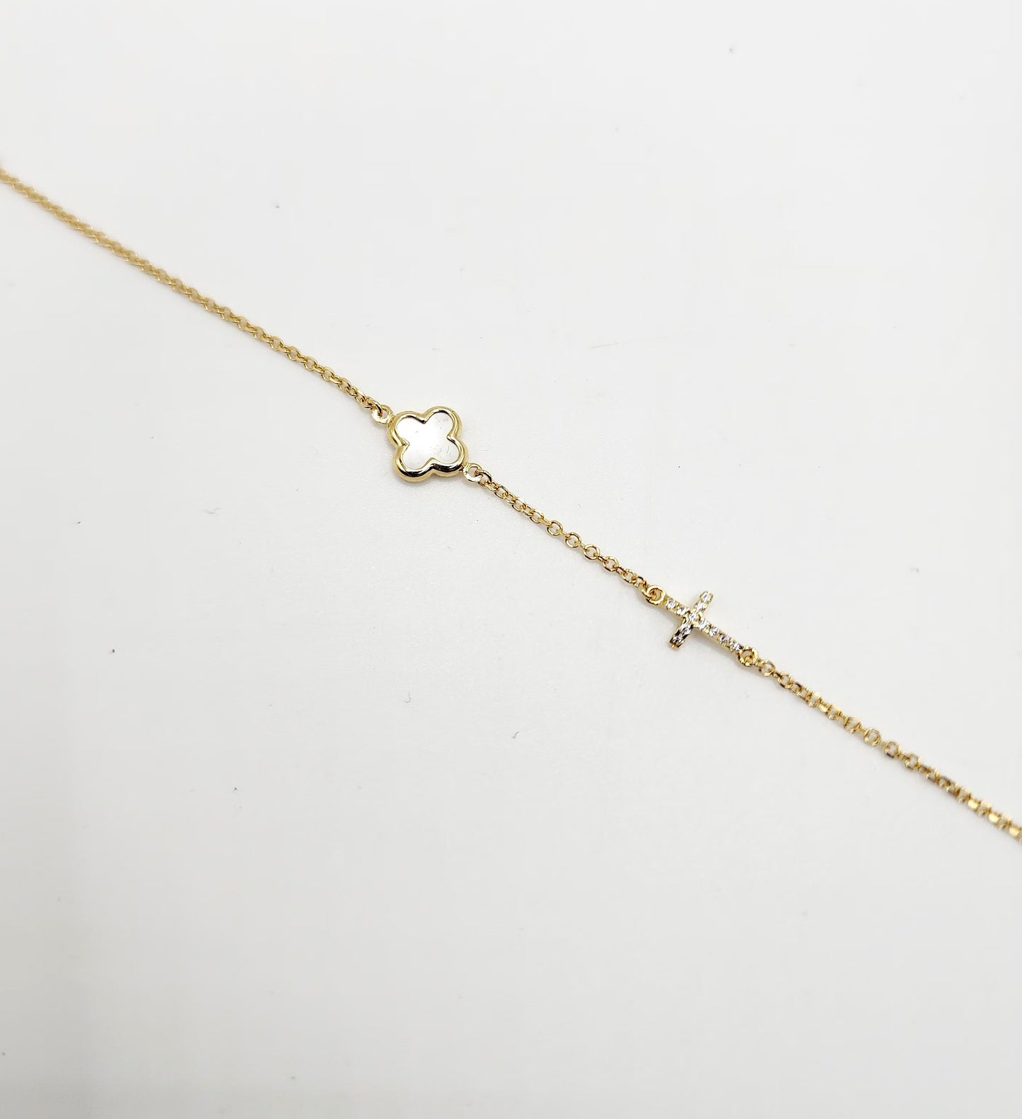 9ct Yellow Gold Bracelet - Mother of Pearl Cross & Cubic Zirconia Cross Yellow Gold