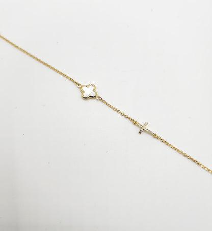 9ct Yellow Gold Bracelet - Mother of Pearl Cross & Cubic Zirconia Cross Yellow Gold