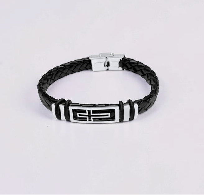 Mens Cross Leather Braided Bracelet